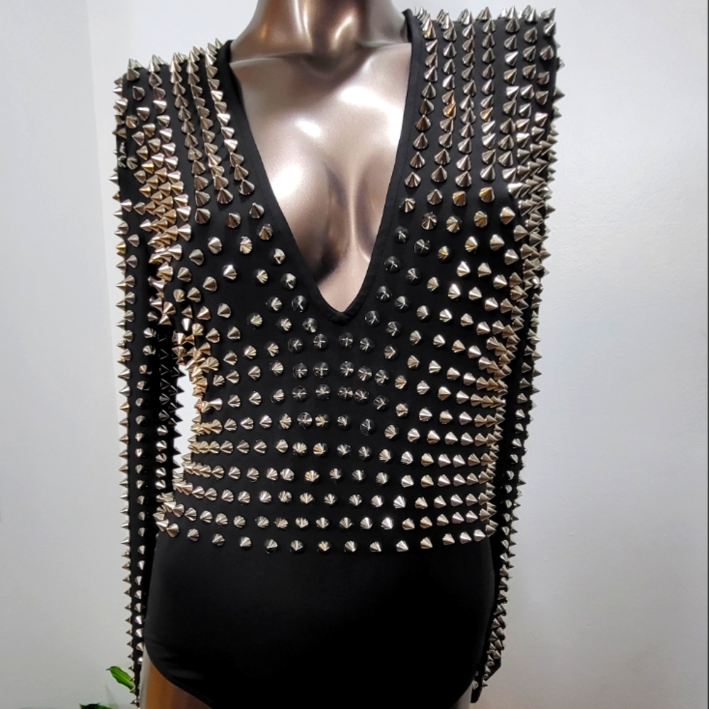 Women's Rockstar, Gothic, Club wear, Rave Black Studded Rivet Studs Bodysuit Top